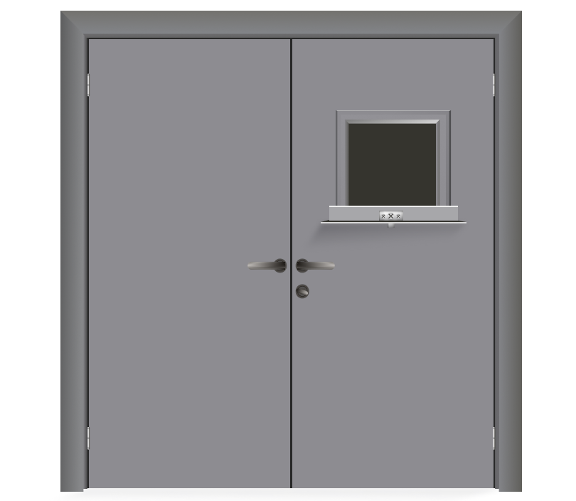 Влагостойкая дверь ПВХ EtaDoor с передаточным окном серая двухстворчатая с алюминиевой кромкой