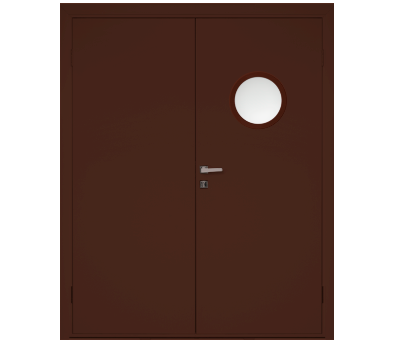 Влагостойкая дверь ПВХ EtaDoor с иллюминатором коричневая двухстворчатая с ПВХ кромкой