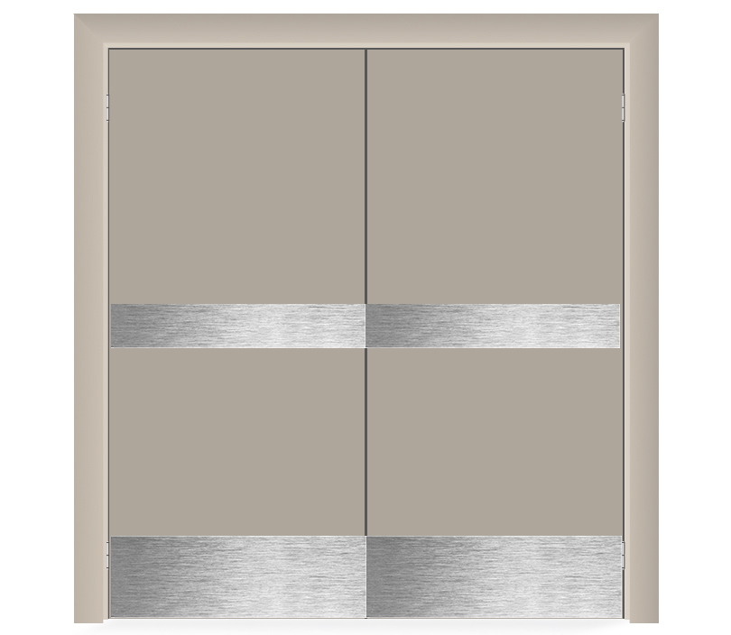 Влагостойкая дверь ПВХ EtaDoor глухая бежевая маятниковая двухстворчатая с отбойной пластиной