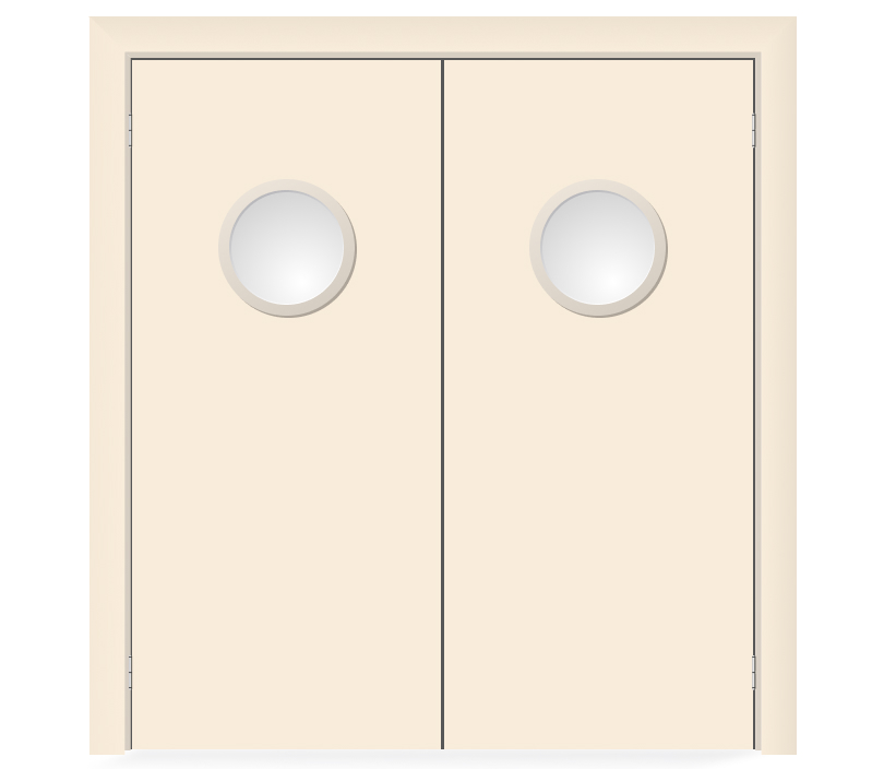 Влагостойкая дверь ПВХ EtaDoor с иллюминатором кремовая маятниковая двухстворчатая с ПВХ кромкой