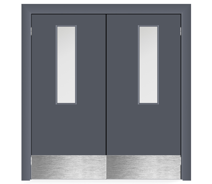 Влагостойкая дверь ПВХ EtaDoor с окном серая маятниковая двухстворчатая с отбойной пластиной