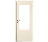 Влагостойкая дверь ПВХ EtaDoor с окном кремовая одностворчатая с алюминиевой кромкой