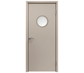 Влагостойкая дверь ПВХ EtaDoor с иллюминатором бежевая одностворчатая с алюминиевой кромкой