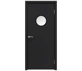 Влагостойкая дверь ПВХ EtaDoor с иллюминатором черная одностворчатая с алюминиевой кромкой
