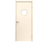 Влагостойкая дверь ПВХ EtaDoor с иллюминатором кремовая одностворчатая с ПВХ кромкой