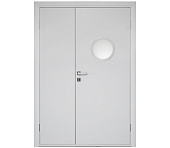 Влагостойкая дверь ПВХ EtaDoor с иллюминатором белая полуторастворчатая с ПВХ кромкой
